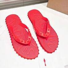 CL"Classic Retro 3D Riveted Red-Bottom Flip-Flops, Couple Beach Flat Toe Sandals, Casual Slip-Resistant Comfortable Flip-Flops - 紅色雙釘 - 查看 3