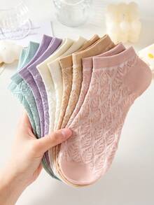 5 Pairs Women's Vintage Leaf Pattern Embossed Fashion Short Invisible Socks, Ankle Socks, Boat Socks, Breathable Soft Minimalist Socks, White Socks, Suitable For Daily Casual Wear, All Season Spring/Summer - Multicolor - View 6