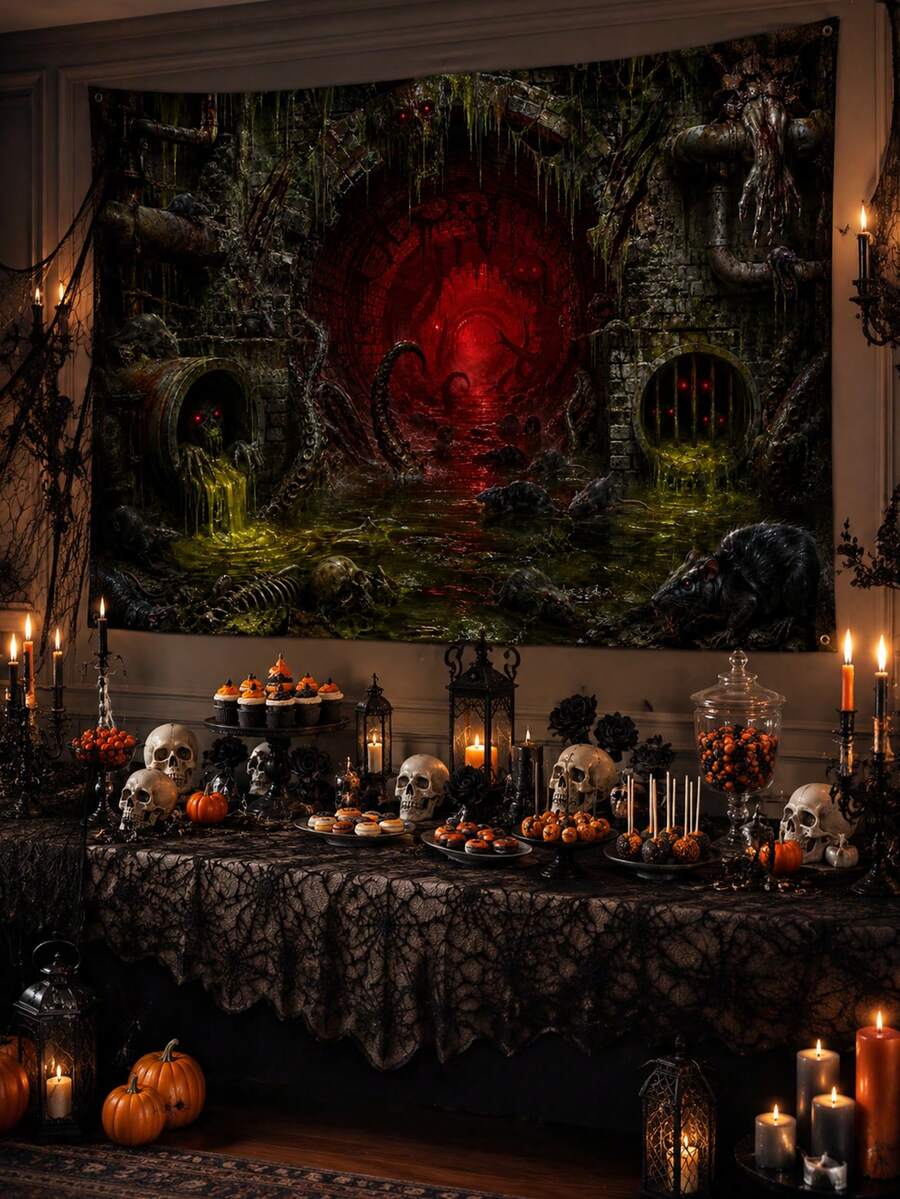 1pc-Horror Sewer Halloween Backdrop Banner, Creepy Tentacle Rat Skeleton Slime Red Abyss Tunnel Print Wall Tapestry, HD Crisp Decor For Dark Gore Party Cosplay Horror Movie Night Spooky Photo Booth Wall Background - G - View 1