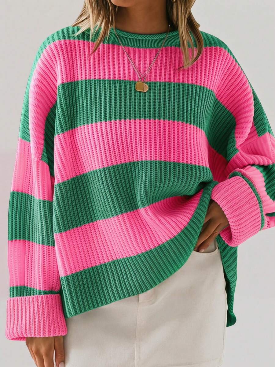 Women's Preppy Ribbed Knit Striped Pullover Sweater, Regular Length, 3/4 Sleeve, Bright Pink And Green Knit Top - Green and Pink - View 1