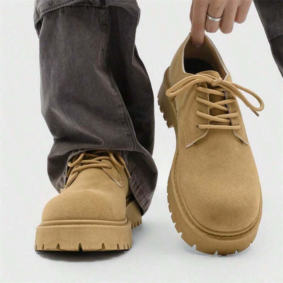 Men's New All-Season Low-Top Boots, Vintage Work Shoes, Thick Sole Height-Increasing Versatile Derby Shoes