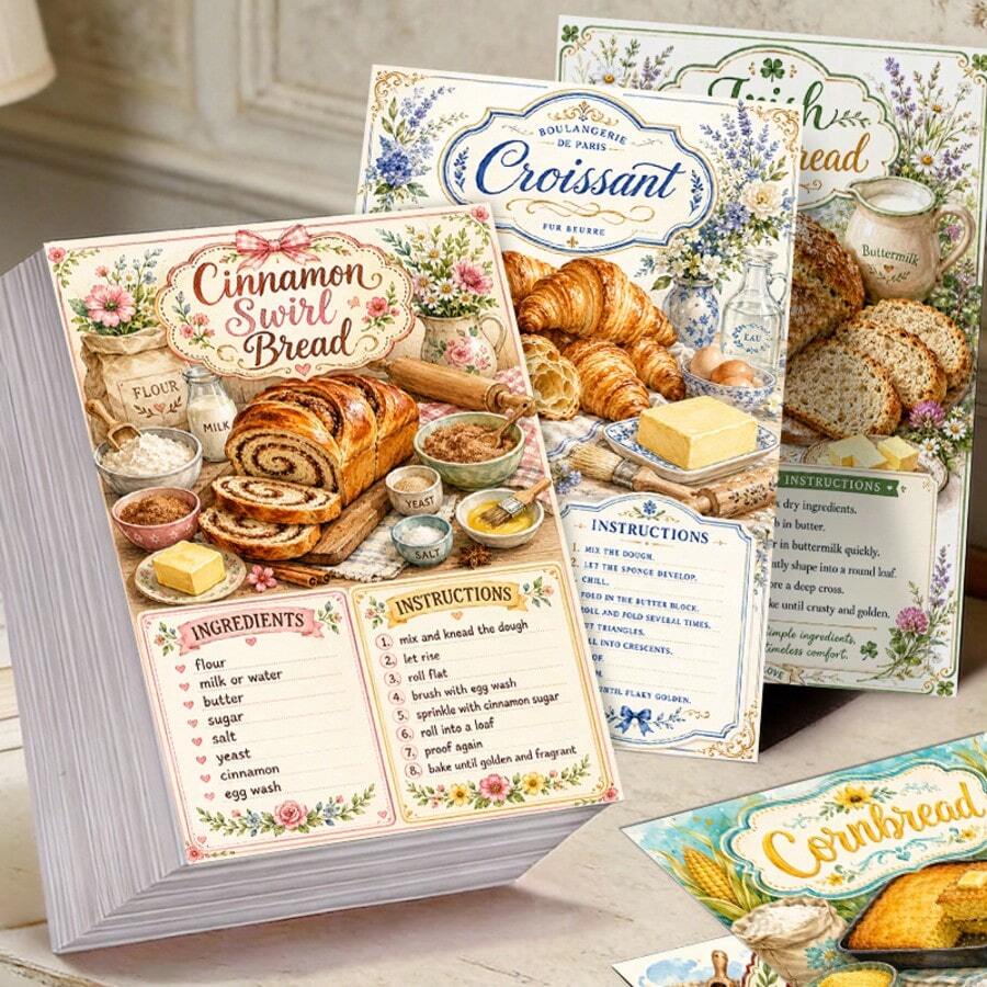 24pcs Vintage Floral European Bread Recipe Scrapbook Cards, Pastel Cottagecore Baking Print Decorative Ephemera Paper Cards For Junk Journal, Planner Decor, Scrapbooking, Bread Baking Theme Party All Season Handicraft Projects - H260621-24pcs - View 1
