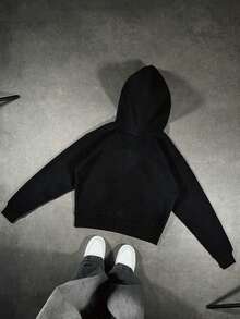 男士大尺碼秋冬創意 23 英文圖案印花休閒金屬拉鍊連帽衛衣 - 黑色 - 查看 2