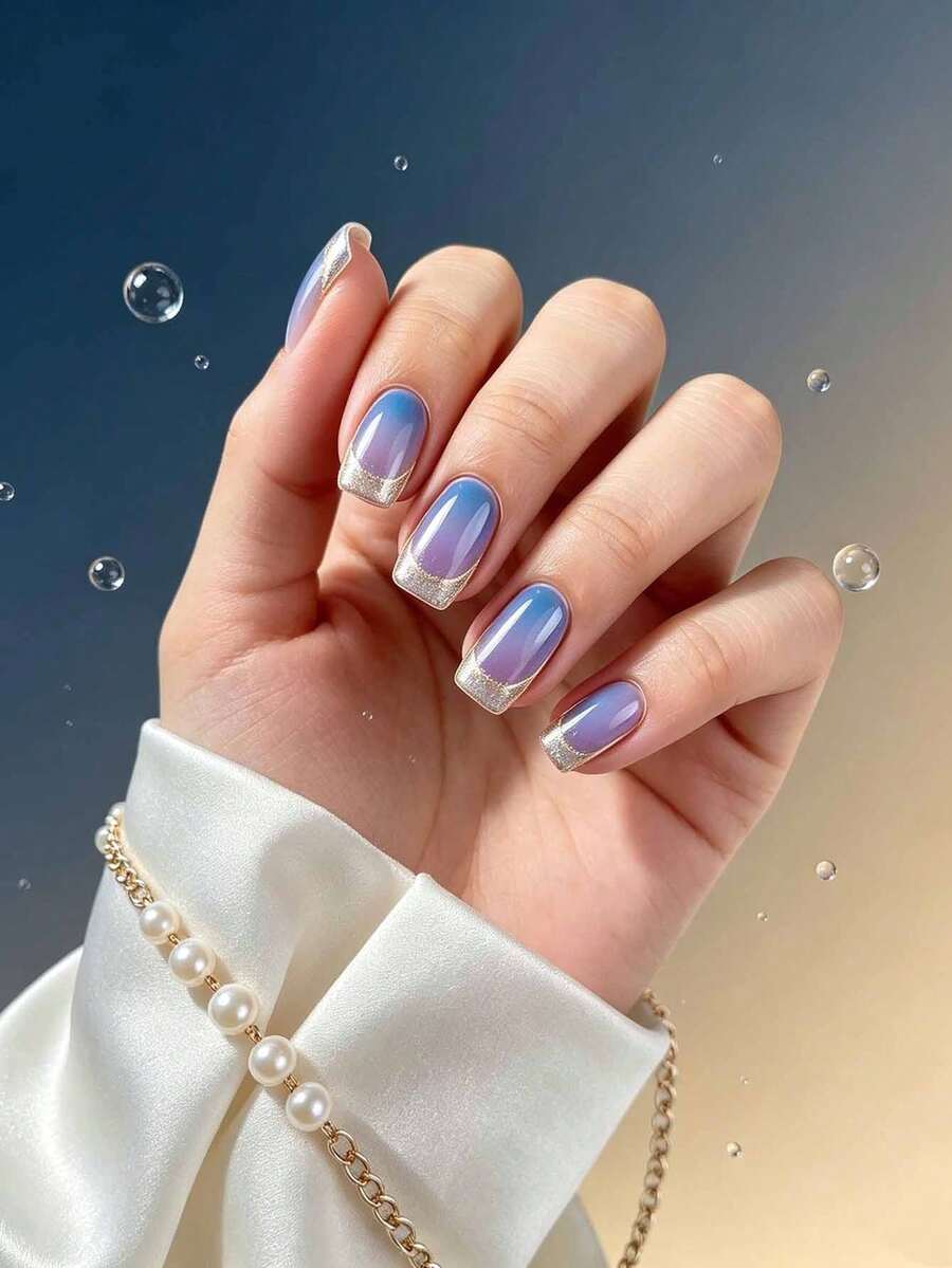 24pcs Short Purple-Blue Gradient Minimalist French Glitter Square Nails + 1pc Jelly Glue + 1pc Nail File - 彩色 - 查看 1