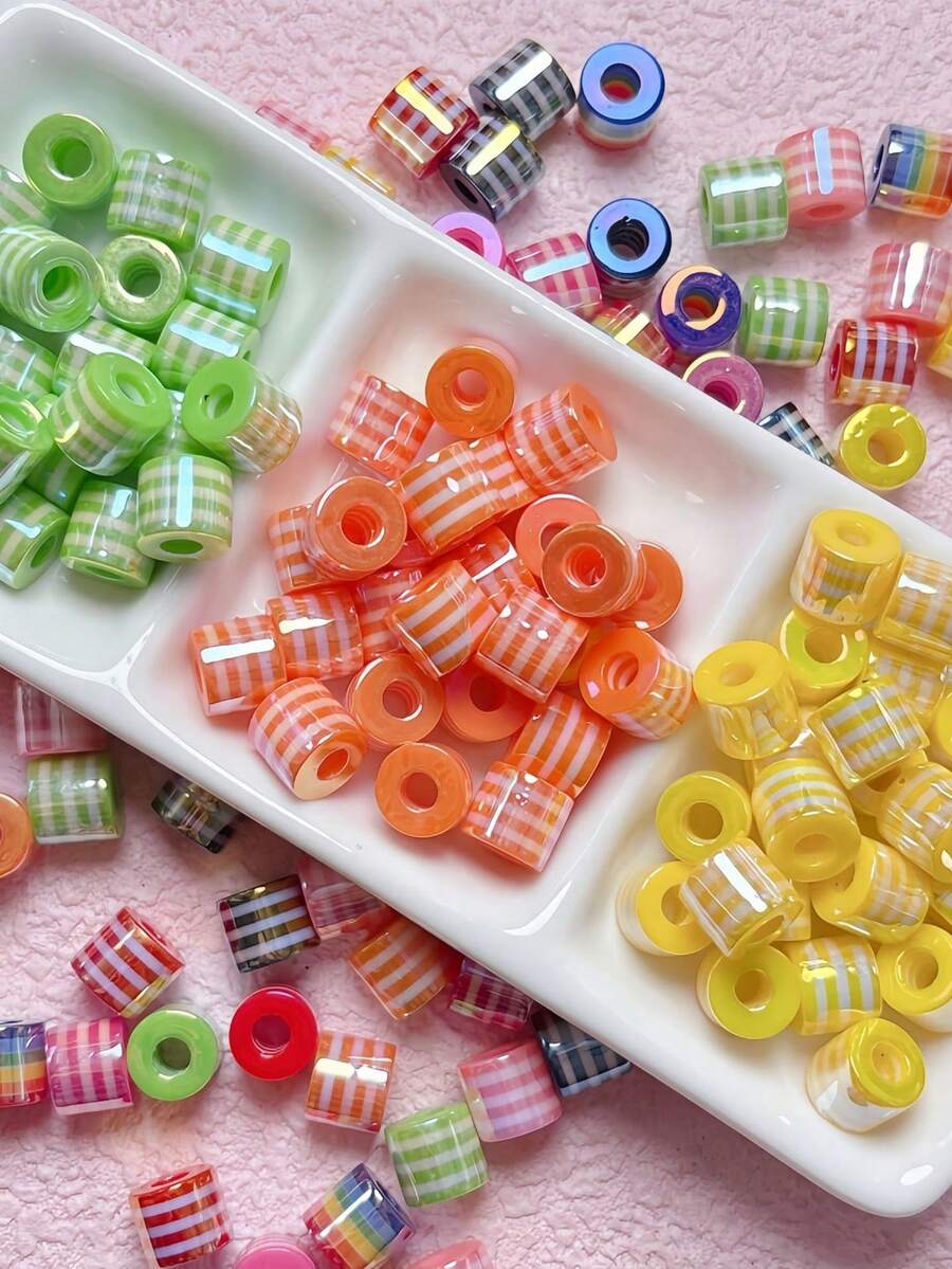 5pcs/10pcs 10*8.5mm UV Optical Plated Acrylic Striped Cylinder Beads, Handmade DIY Bracelet Necklace Beaded Jewelry Accessories - Striped Cylindrical Beads - View 1