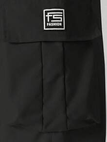 Men's Fashion Solid Color Crew Neck Short Sleeve T-Shirt + Patch Pocket Cargo Pants 2-Piece Set, Elastic Drawstring Casual Outfit - Black - View 5