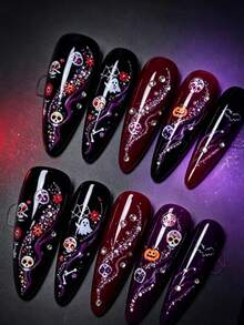 1pc Halloween Carnival Night Mexican Day Of The Dead Painted Skull Nail Stickers, Paired With Rhinestone Stickers, Colorful Patterned Skull With Skeleton And Flower Elements, Exotic Vintage Style, Thin And Adherent Base Film With No Curling Edges, Suitable For Transparent Black And Nude Coffee Nail Shapes, Halloween Party Light-Cured Wearable Nail Decorative Stickers - Multicolor - View 4