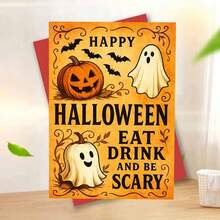 1 Grußkarte + 1 Umschlag Gruselige Halloween Grußkarte, Kürbis und Geist Design "Essen, Trinken und Gruselig sein", perfekt für Freunde, Halloween Festlicher Vintage Stil. - Übersicht 5
