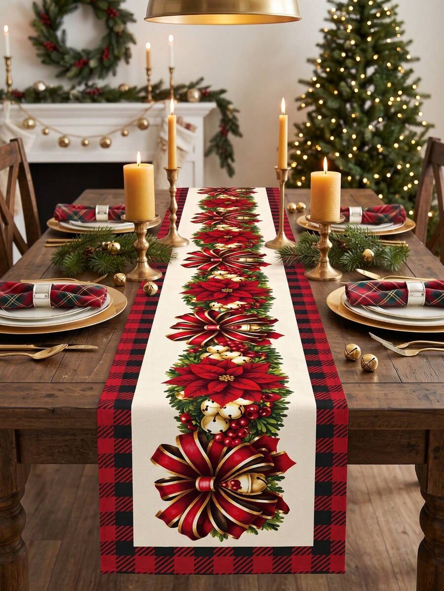 1pc Polyester Christmas Table Runner With Bow, Floral And Black & White Plaid Design, Christmas Tablecloth Table Cover, Christmas Party Dinner Table Decor, Home Christmas Decoration, Xmas Decor, Christmas Decor, Kitchen Decor, Dining Table Decor
