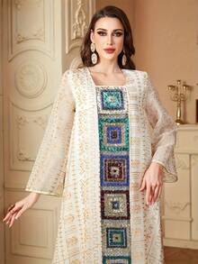 Geometric Sequin Patchwork Kaftan, Full Body Gold Embroidery Loose Elegant Muslim Long Dress White Fall - White - View 4