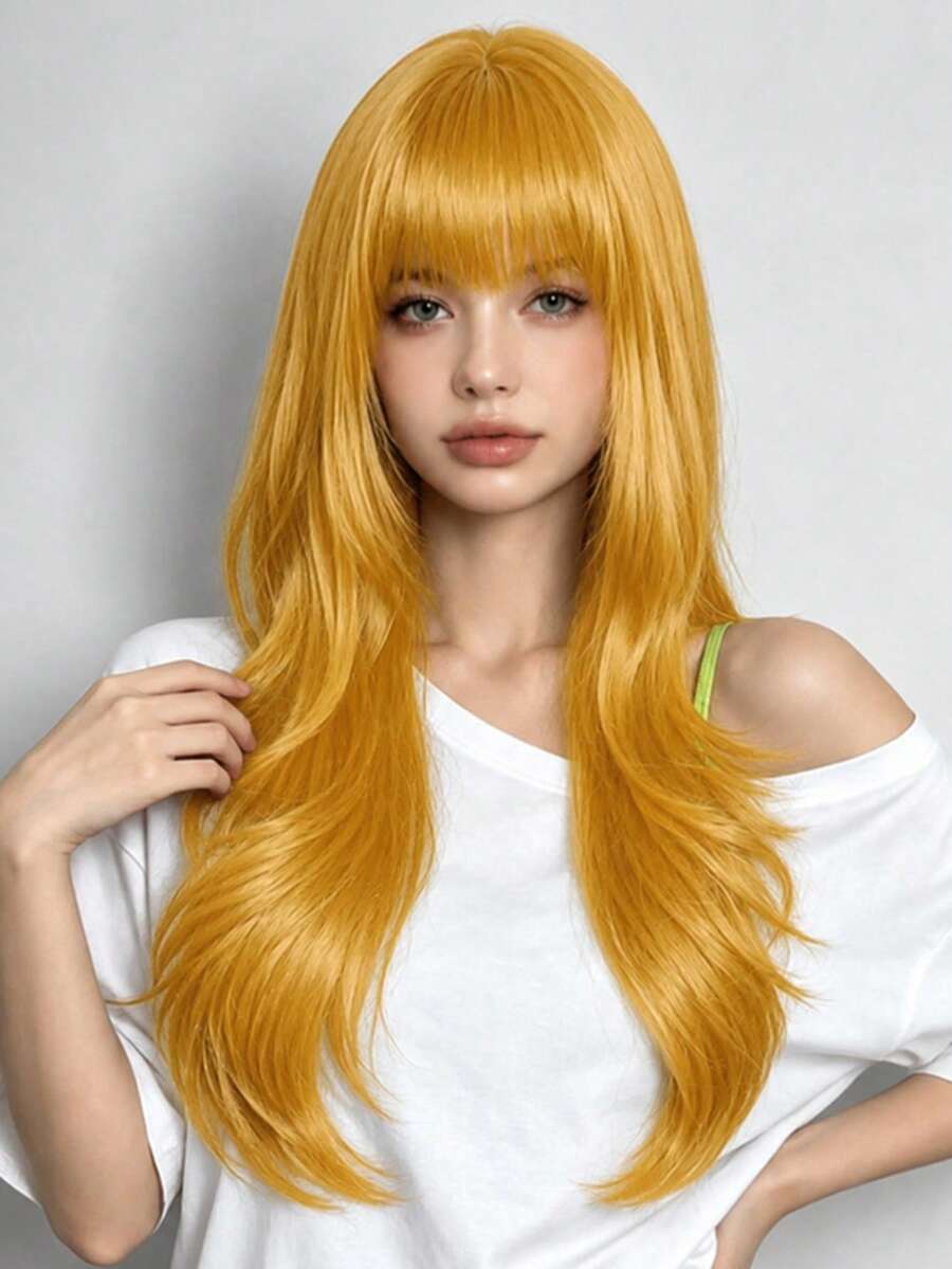 28英吋長時尚派對女用假髮,捲髮附瀏海,適合所有女性日常配戴與派對場合 - 黃色 - 查看 1