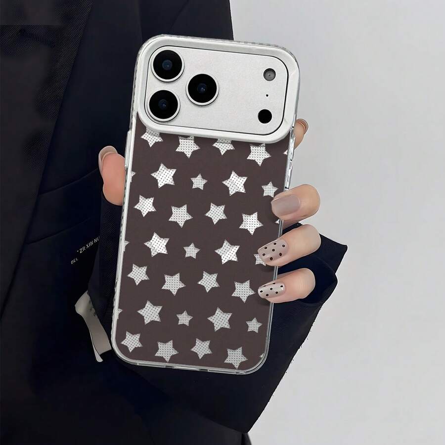 HANCAI 1pc White Frame Dark Brown Background Small Polka Dot White Five-Pointed Star Full Print Shockproof Phone Case, Minimalist Low Saturation Coffee Color Star Ins Niche Gentle Versatile Transparent Soft Shell, Compatible With IPhone17/17Pro/17ProMax/16/11/16Plus/16ProMax/16e/15ProMax/13/14/12/14ProMax/12ProMax/13ProMax/12Pro/13Pro/14Pro - White Frames, Matte White - View 1