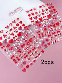 2 Peças Adesivos de Unhas com Relevo 5D, Unhas, Decoração DIY, Rosa, Vermelho, Preto, Branco, Coração, Estrela, Coração, Letras KISS em Inglês, Coração com Padrão de Grade Vermelha, Padrão de Laço, Adequado para Criar Arte de Unhas Estilo Retrô, Fofo, Y2K - Multicolorido - Visão 6
