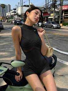 Top Dazzle Women's Sleeveless High Neck Unitard With Contrast Mesh, Short Polyester Bodycon Jumpsuit, Slight Stretch Semi-Sheer Performance Romper - Black - View 1