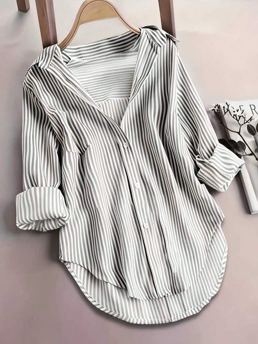 Women's Striped Color Block Button Front Shirt, Asymmetric Hem Collared Long Sleeve Top For Business, Office, Home, Vacation,Spring Summer Fall Winter - Grey - View 1