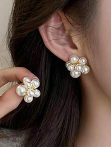 5 pares/1 par de pendientes de botón elegantes para mujer, serie de flores con perlas falsas, estilo hada, juego de pendientes a juego para uso diario casual - Dorado - Ver 7
