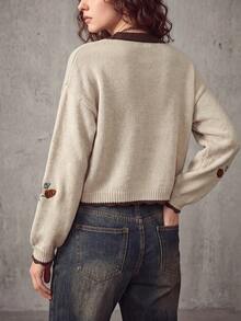 Women's Round Neck Solid Color Ribbed Long Sleeve Loose Casual Versatile Knit Coat – Soft Breathable Comfortable, All-Season Daily Wear - Khaki - View 3