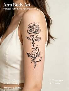 1pc Realistic Rose Dotwork English Tattoo Sticker, Shaded Rose + Handwritten Cursive Font Tattoo Sticker With Minimalist "Love" Short Phrase, Suitable For Camisole Outfit, Date, Portrait, Wear-Resistant Decorative Sticker - Multicolor - View 2