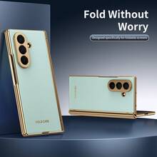 VIETAO 電鍍材質人造皮革全包覆手機殼，適用於 Galaxy Z Fold 7 6 5 4 8 Ultra Fold7 Fold6 Fold5 Fold4，附強化玻璃螢幕保護貼 - 青色 - 查看 6