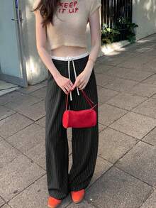 Spring/Autumn Vintage Niche Patchwork High Waist Tie-Up Versatile Slimming Striped Casual Wide Leg Long Pants - Dark Grey - View 3