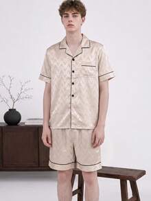 2pcs/Set Men's Summer Short Sleeve & Shorts Satin Jacquard Letter Print Casual Comfortable Pajamas, Fashionable Lapel Home Wear Outfit For Men - Champagne - View 5