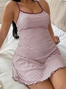 Women's Plus Size Striped Print Spaghetti Strap Short Nightgown, Casual Comfortable Home Dress, Summer Apparel - Red and White - View 5