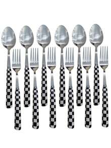 2/12pcs Unique Plaid Pattern Stainless Steel Cutlery Set, Elegant Porcelain, Multiple Colors, Includes Ceramic Handle Utensils, Creative Kitchen, Includes Forks And Spoons, Suitable For Daily Dining - Multicolor - View 15