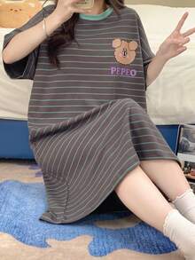 女款可愛休閒熊圖案條紋短袖睡裙，春夏秋居家穿著，可外穿 - 彩色 - 查看 5