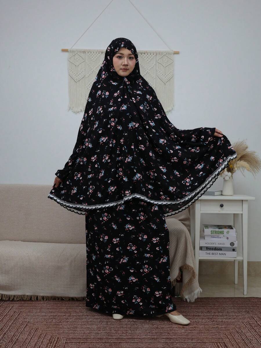 طقم رداء صلاة نسائي بمقاس كبير بنقشة زهور صغيرة، ملابس علوية فضفاض بأكمام فانوس وتنورة، ملابس أنيقة، مزين بالدانتيل، مناسب للمهرجانات التقليدية، للارتداء في جميع الفصول - الأسود - مشاهدة 1