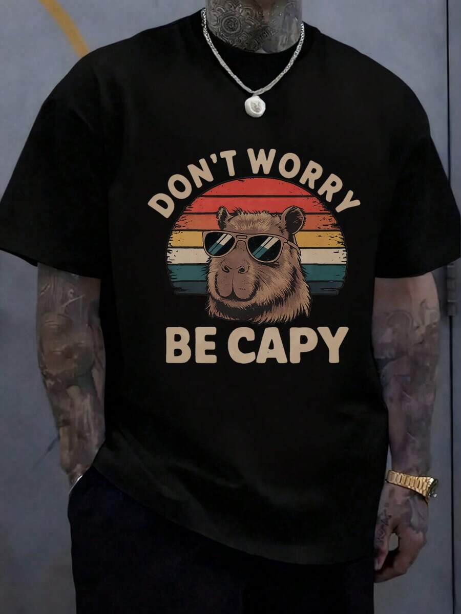 Men's Retro Vintage Style T-Shirt, Capybara With Sunglasses At Sunset Graphic Design, Casual Summer Wear, % Cotton, Funny T-Shirt For Animal Lovers