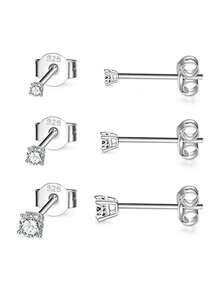 3pcs/Set 925 Sterling Silver Women's Stud Earrings, Suitable For Sensitive Ears, Cubic Zirconia Cartilage Piercing Earring Set, 2-4mm - Style 1 - View 6