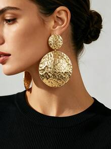 1 Pair European And American Vintage Style Matte Gold-Plated Metal Handmade Hammered Textured Embossed Double Round Disc Long Dangle Earrings For Women, Commute And Party, Exaggerated Heavy Craft - Yellow Gold - View 1