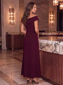 EVERPRETTY Women's Elegant Noble Asymmetric Ruffle V-Neck Mermaid Midi Formal Evening Gown, Autumn Wedding Guest Dress, Suitable For Evening Party Wedding - Burgundy - View 3