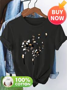 Top Donna Magliette Donna Navy Floral Print Casual Short Sleeve Unisex - Black - View 1