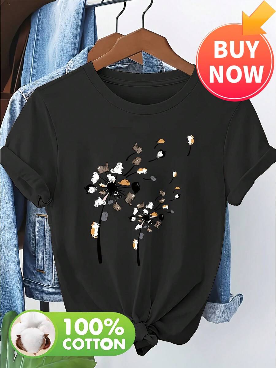 Top Donna Magliette Donna Navy Floral Print Casual Short Sleeve Unisex - Black - View 1