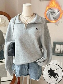 女士秋冬新款百搭美式马标志印花休闲半高领拉链卫衣，时尚百搭 - 灰色 - 查看 1