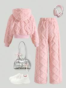 Girls' Casual Fashion Solid Color 3D Embossed Fuzzy Hooded Short Jacket And Straight Leg Pants 2 Pieces Set, Autumn/Winter - Pink - View 2