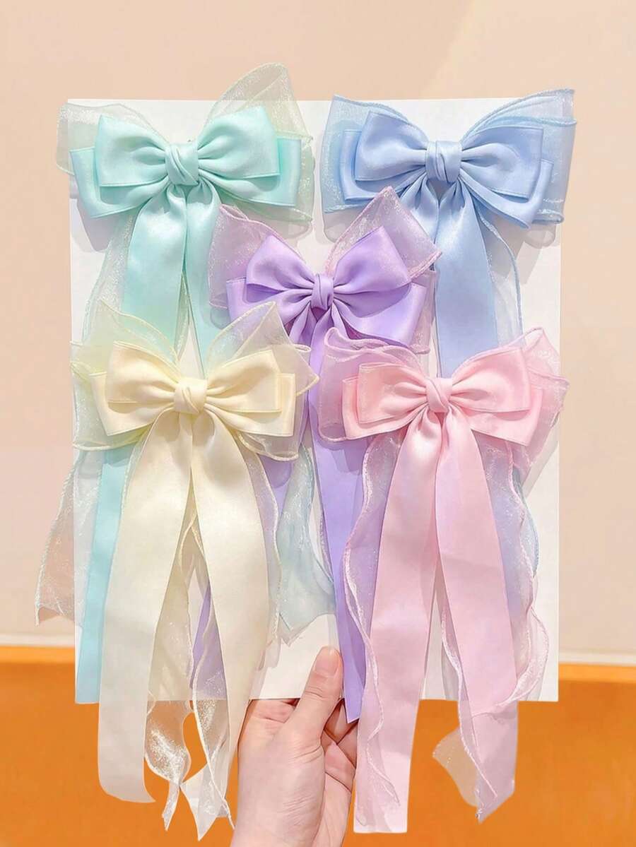 6/2 pièces Pinces à cheveux avec nœud en ruban long, durables et douces pour les cheveux, accessoires capillaires doux et mignons - convient aux filles et aux femmes, pour l'école, les rendez-vous, les vacances - Multicolore - Voir 1