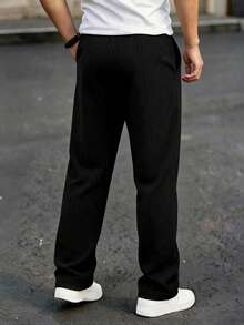 Pantalón casual de ajuste relajado con cordón para hombres - Negro - Ver 4