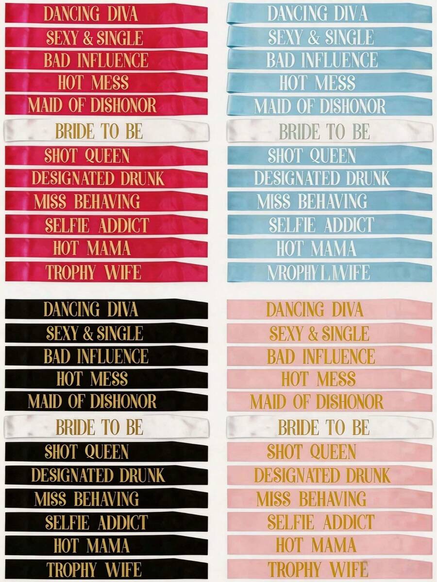 12pcs Bridal Shoulder Strap & Waist Belt Set, Bachelorette Party Fun Decorative Shoulder Straps, Wedding Team Gift Accessories (Black / Blue / Pink / Champagne) - Available In Multiple Colors - View 1