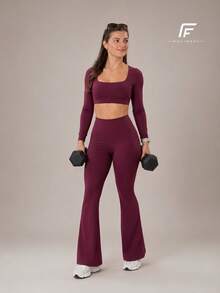 Plain Zero-Transparency Polyamide Flare Long Sleeve Fitness Gym Set - Burdeos - Ver 6