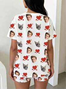 1pc Women Custom Photo Lips Print Soft Loose Short Pajama Set Casual Valentine Loungewear - White - View 2