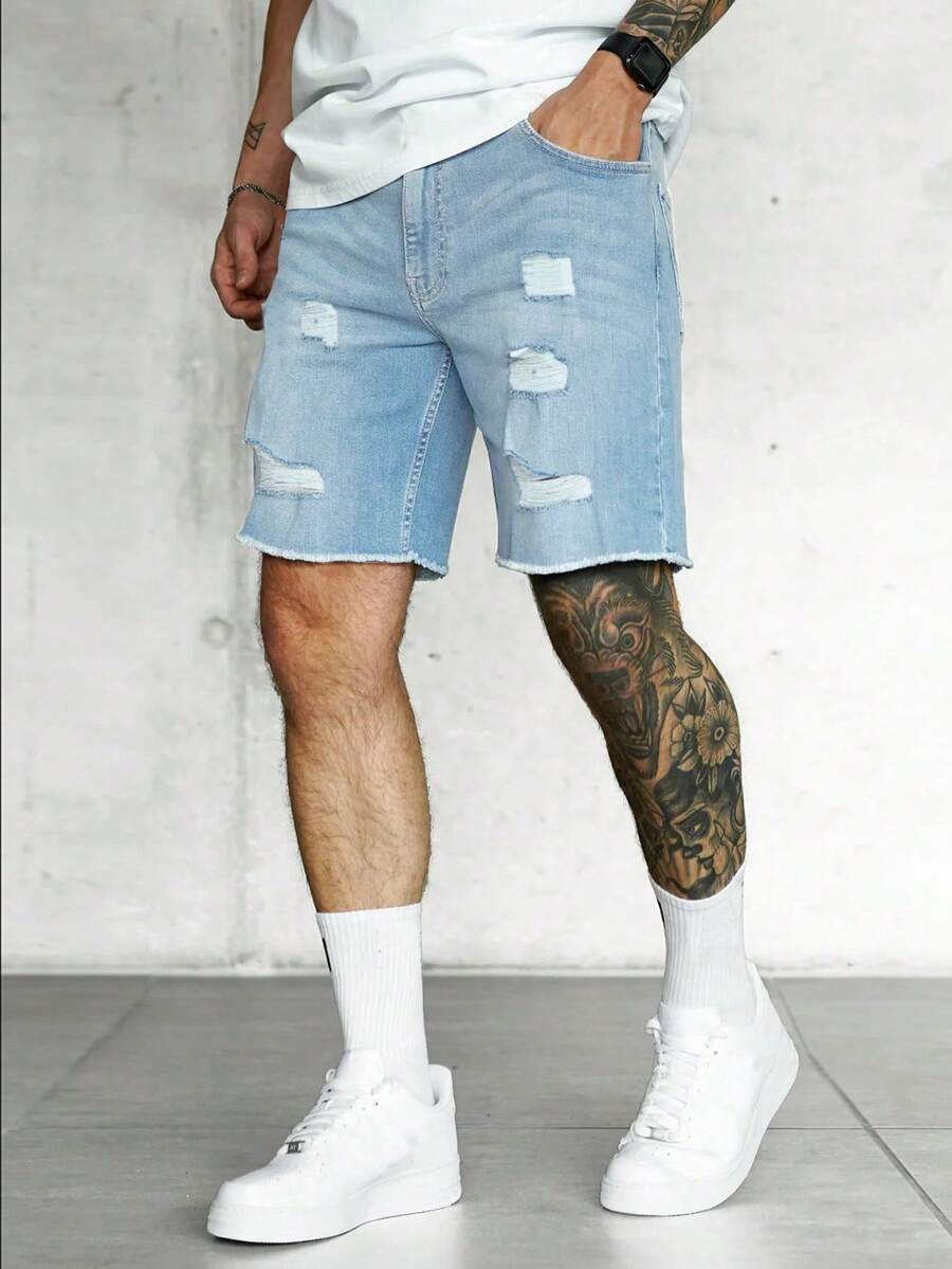 Quần short denim rách viền thô cho nam Jorts - Rửa trung bình - Xem 1