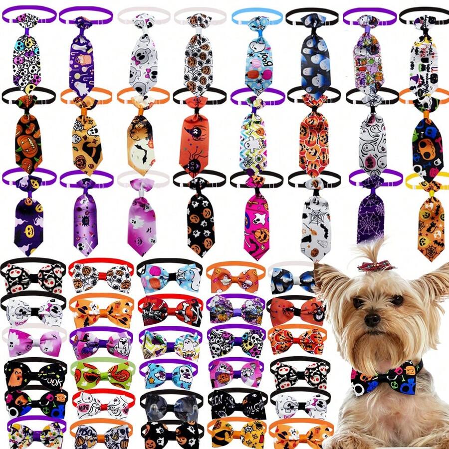 Halloween Pet Bow Tie, Pet Bow Tie, Dog Holiday Collar, Cat Adjustable Bow Tie, 10pcs Random Style, Pumpkin Ghost Spider Print, Small Dog Party Decoration, Yorkshire Teddy Accessories - Multicolor - View 1