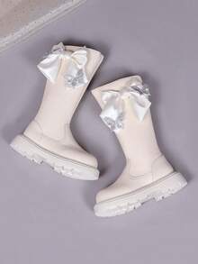 1 Pair Girls' Satin Bow Rhinestone High-Top Boots, PU Side Zipper, Cream White, All-Season, Thick Sole Long Boots - Beige - View 4
