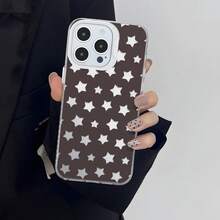 HANCAI 1pc White Frame Dark Brown Background Small Polka Dot White Five-Pointed Star Full Print Shockproof Phone Case, Minimalist Low Saturation Coffee Color Star Ins Niche Gentle Versatile Transparent Soft Shell, Compatible With IPhone17/17Pro/17ProMax/16/11/16Plus/16ProMax/16e/15ProMax/13/14/12/14ProMax/12ProMax/13ProMax/12Pro/13Pro/14Pro - White Frames, Matte White - View 2