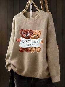 Plus Size Comfortable Best Friend Print Pullover Faux Sweater, Round Neck Drop Shoulder Long Sleeve, Suitable For Women's Autumn Top - Camel - View 1