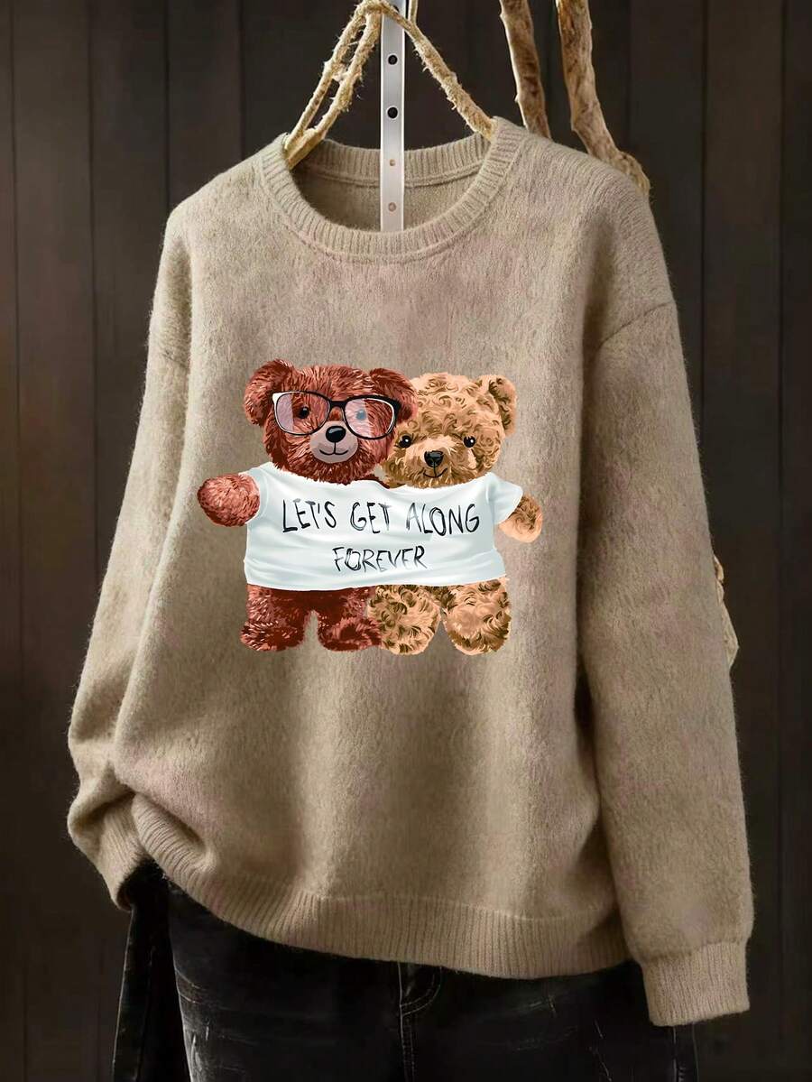 Plus Size Comfortable Best Friend Print Pullover Faux Sweater, Round Neck Drop Shoulder Long Sleeve, Suitable For Women's Autumn Top - Camel - View 1