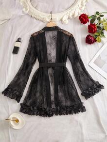Spring/Summer Lace Trim Comfortable Soft Robe With Waist Tie For Women, All-Season Party Sleepwear, Elegant Morning Robe - Black - View 6