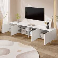 TV Cabinet/Lowboard With Asymmetrical Arched Relief, Four Doors, Multiple Storage Spaces, Solid Wood Legs, Living Room. - 白色 - 查看 4